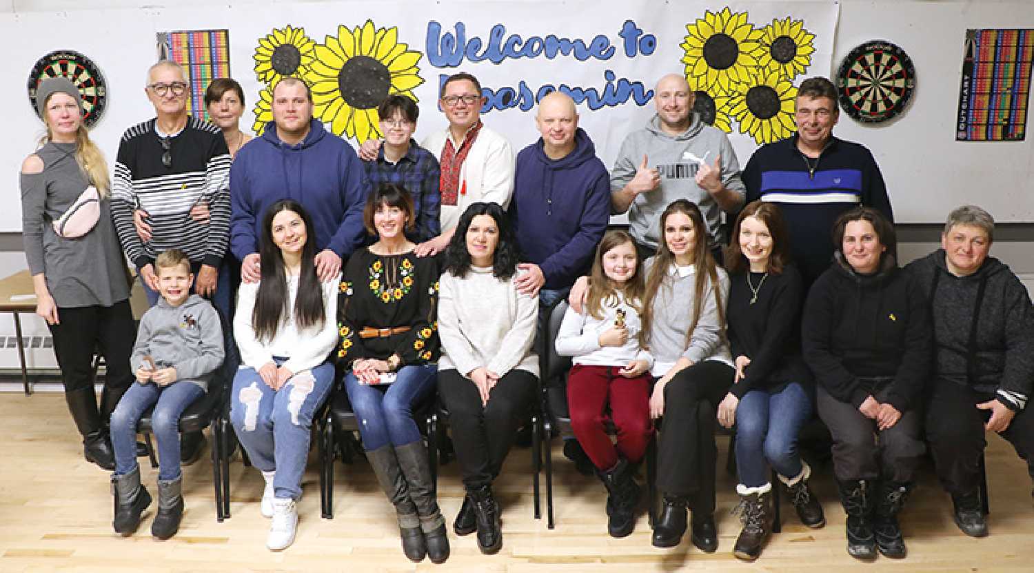 The Ukrainian families from the community who attended an evening event that was dedicated to welcoming and meeting the new people who moved to in Moosomin in the last year. The event was hosted by the Spiritual Care Family and Friends Group on Dec. 8 at the legion. In order of family grouping are Ludmilla, Yuri, Tatiana, and their son Nikita Ponamarenko (in front), Ivan and Diana Kuchynska, Anna, Roman, and Marina Chernykh, Valentyn and Irena Karpenko, Roman and Julia Marynets, Olha and her daughter Zlata Volokh (on the other side of Julia), Roman Swed (in back), and Irena Gorbynovt and Oxa